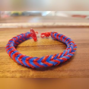 Rubber Band Bracelet Loom Handmade, Size 6.5 inches, Red & Blue.